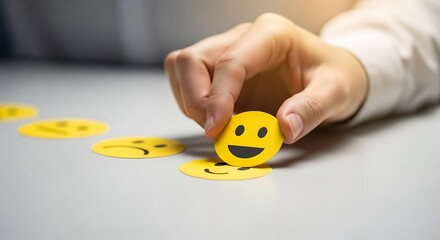 Hand Selecting a Happy Emoji Sticker from a Range of Emoticons on a Table to Represent Positive Emotions and Feedback in a Work Environment