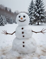 Obraz premium Humorous snowman in a snowy field playful winter theme snowman christmas holiday decoration winter season cute snow