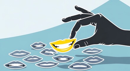 Creative Hand Selecting Yellow Smiling Lip Icon Among Various Grey Lip Designs on a Blue Background