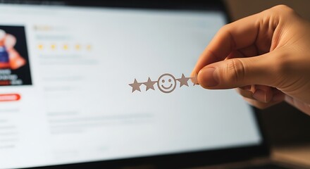 Hand Holding Star Rating and Smiley Face for Online Review Evaluation on Laptop Screen