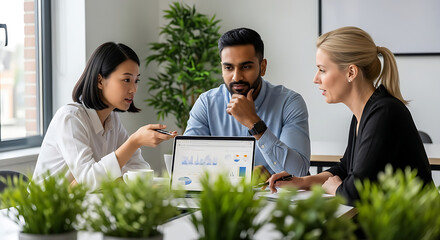 Diverse team collaborating on a business project using a laptop in a modern office