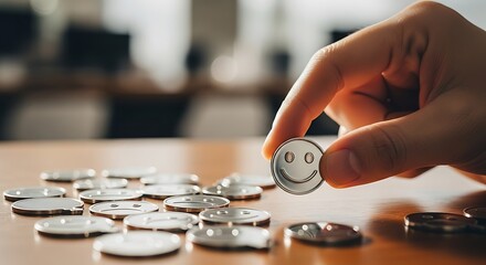 Hand Holding a Smiley Face Token Over a Table with Various Tokens Representing Positive Emotions and Feedback in a Work Environment