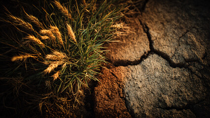 Contraste entre la terre craquelé et l'herbe