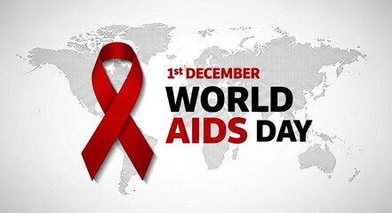 Red Ribbon for World AIDS Day Awareness on World Map Background