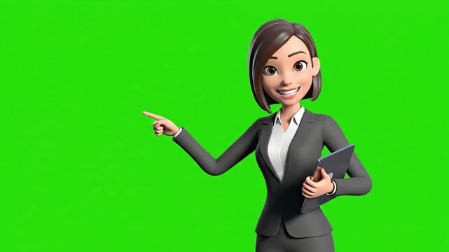 Animated Businesswoman Character Presenting on Green Screen Background.