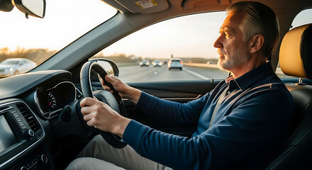 Mature man driving a car on a highway at sunset with a smile