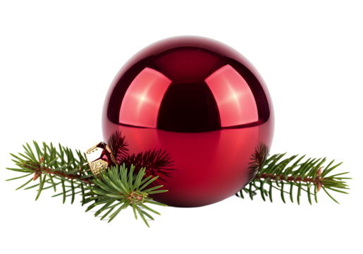 Vibrant red Christmas ornament with evergreen sprigs, perfect for holiday decor and festive celebrations, creating joyful moments.
