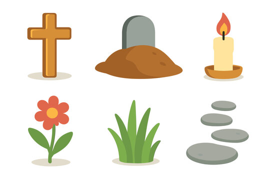 Memorial theme with cross, grave, candle, flower, and stones. Set of 6 vector illustration