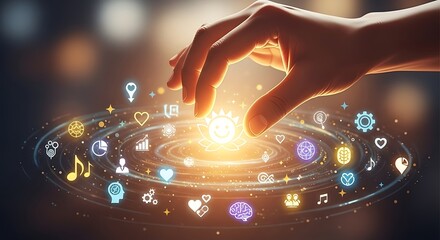 Hand Reaching for Symbolic Icons Representing Growth, Creativity, and Well-Being in a Cosmic Swirl of Light