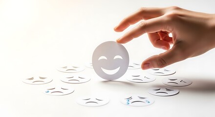 Hand Selecting a Happy Emotion Face Among Sad Emotion Paper Masks for Mental Health Awareness