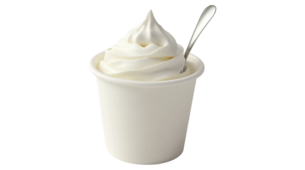 White yogurt cup with spoon isolated on a transparent background