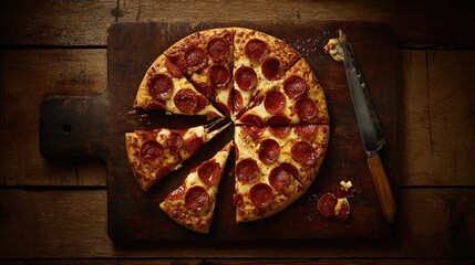 hunger. A delicious pepperoni pizza sits on a rustic wooden board, captured from an overhead angle. representing modern convenience.
