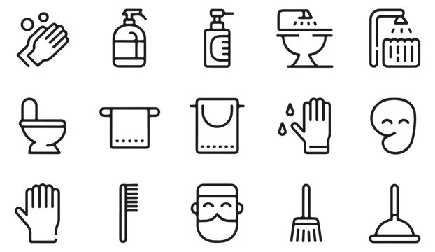 Sanitation and bathroom cleaning icon set showing plunger, towel rack and washing process