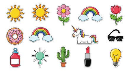 Colorful collection of cute stickers featuring sunshine, flowers, rainbows, a unicorn, and other whimsical elements for crafting and decoration.