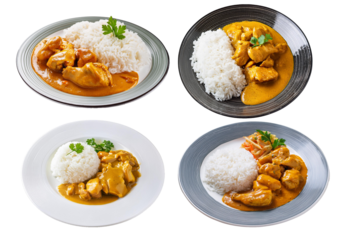 Set Plate of chicken with curry sauce and rice isolated on transparent or white background