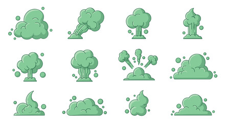 Obraz premium Collection of cartoon green smoke or gas cloud puffs and explosions in various shapes and sizes, isolated on a white background.
