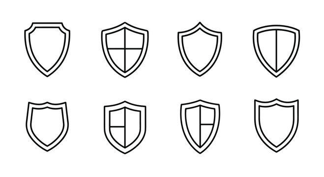 Collection of eight linear shield icons in varying designs, representing security, protection, defense, and safety concepts, presented on a white background.