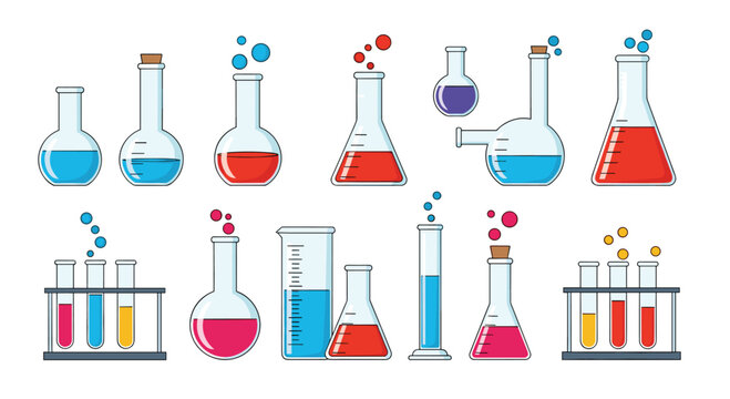 Colorful collection of laboratory glassware including beakers, flasks, test tubes, and graduated cylinders, representing chemistry and scientific experiments.