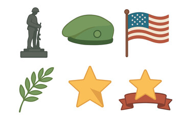 Military tribute with soldier statue, flag, and honors symbols. Set of 6 vector illustration