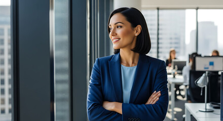 Confident businesswoman in blue suit looking out office window with arms crossed