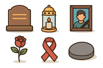 Symbols of remembrance and tribute during memorial occasions. Set of 6 vector illustration
