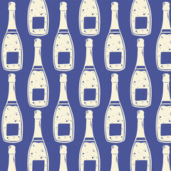 Seamless champagne bottle pattern in vintage flat style. Perfect for celebration designs, packaging, holiday decor, party graphics and festive branding.