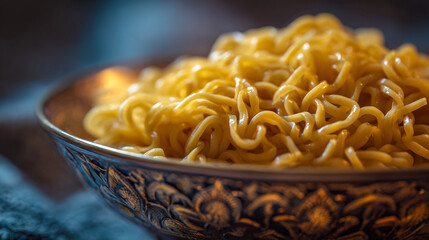 A close up shot of golden noodles served in an ornate decorative bowl with a blurred background