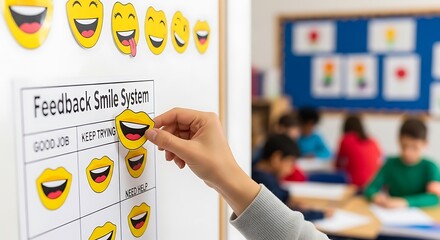 Teacher Using Feedback Smile System to Evaluate Student Performance with Emoji Stickers in Classroom Setting