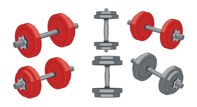 A colorful assortment of dumbbells and weight plates arranged for fitness and exercise illustration, showcasing adjustable weights and gym equipment.