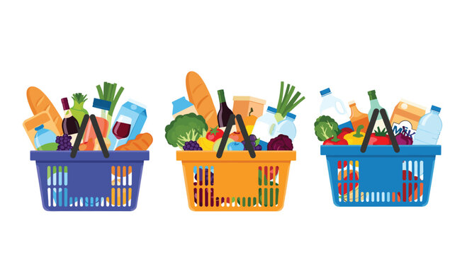 Colorful shopping baskets filled with groceries and fresh produce are displayed in a bright, cheerful arrangement, representing a successful shopping trip.