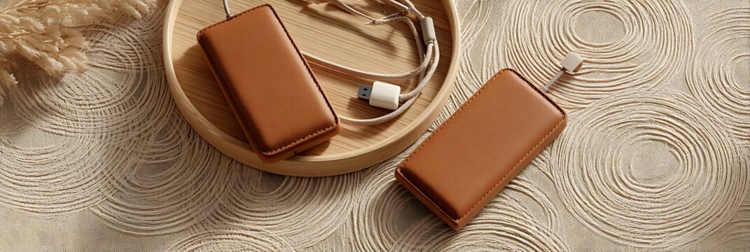 Flatlay of leather phone cases and metal cables on beige circle pattern