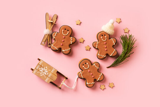 Funny gingerbread cookies with christmas decor and fir