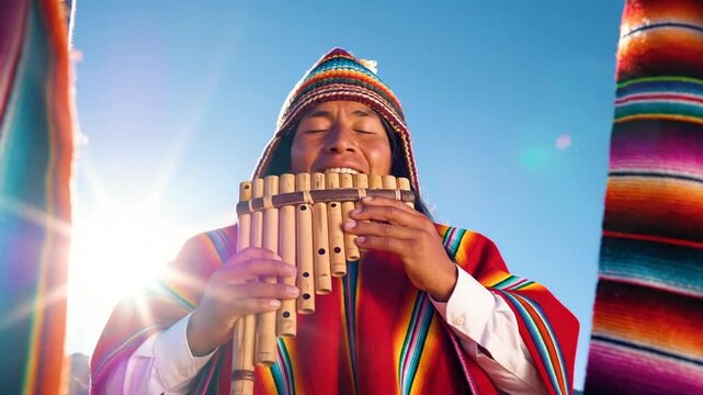 Indigenous man playing pan flute, vibrant traditional attire in bright sunlight, cultural celebration with Andean music focus