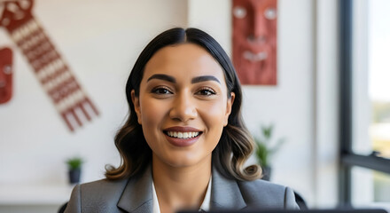 Smiling businesswoman in a modern office looking directly at the camera
