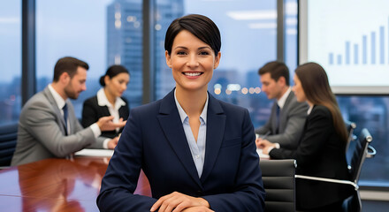 Confident businesswoman leading a team meeting in a modern office