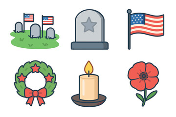 Memorial Day tribute with flags, flowers, and candles for remembrance. Set of 6 vector illustration