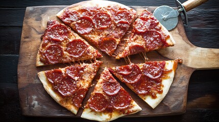 hunger. A delicious pepperoni pizza sits on a rustic wooden board, captured from an overhead angle. representing modern convenience.