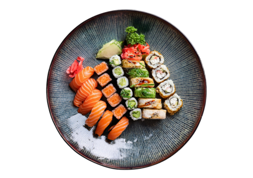 sushi plate top view full length isolated on transparent or white background