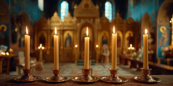 Candles lit in a church during Orthodox Christmas. The interior features religious icons and a serene atmosphere, emphasizing the spiritual significance of the holiday. - Powered by Adobe