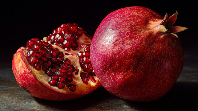 A still life of a whole pomegranate and a halved pomegranate with visible seeds on a dark surface