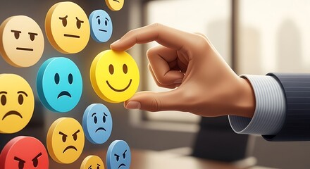 Business professional selecting a happy face emoji among various emotion icons to gauge team sentiment in a modern office environment.