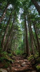 Ascending Trail Through Towering Evergreen Forest Canopy, Vertical Perspective.