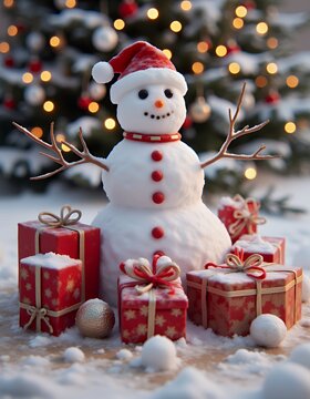 Christmas gift boxes with snowman on bokeh background christmas presents christmas gifts merry christmas concept happy new year concept snowman christmas  holiday decoration winter season cu