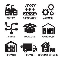 Minimal Black Solid Icon Set – Brain, User, Supply Chain & Logistics Symbols