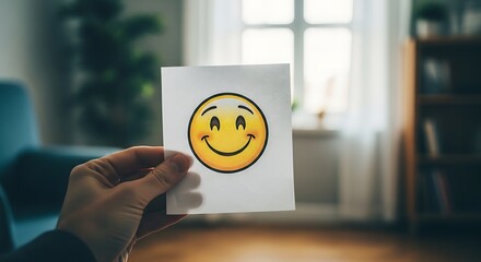 Person Holding a Smiley Face Card in a Cozy Living Room, Expressing Happiness and Positivity