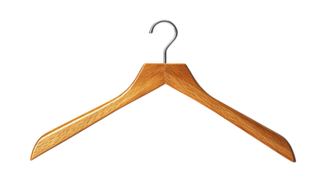 Wooden clothes hanger with metal hook isolated on a transparent background