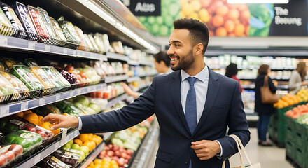Smiling man in suit shopping for fresh produce in a brightly lit supermarket aisle