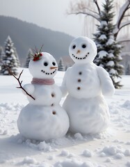 Fototapeta premium Two small snowmen the girl and the boy on snow copy space greeting card for lovers christmas card snowman christmas holiday decoration winter season cute snow