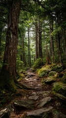 Fototapeta premium Enchanting Rocky Forest Path Winding Through Verdant Woods with Soft Light.