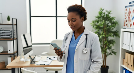 Young black female doctor in a white coat reviewing medical documents in an office